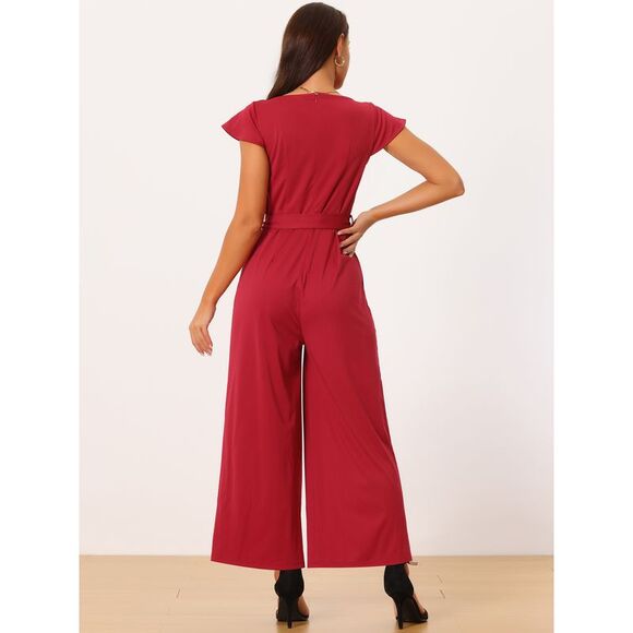 Crew Neck Ruffle Cap Sleeve Belted High Waist Jumpsuits with Pockets Wine Red - Picture 4 of 6